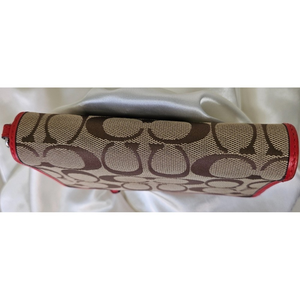 Coach DOUBLE Zip Medium Wallet Signature Canvas Brown with Red Leather Trim/Silv - Picture 4 of 11